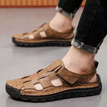 Сандалии мужские Tide Outdoor Sports Leather Baotou Business Casual Shoes 2025 New Summer Breathable Men Shoes 38 хаки
