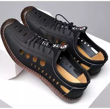 Сандалии мужские весенне-летние мужские повседневные полые дышащие кожаные туфли с нескользящей мягкой подошвой 39 чёрный