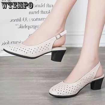 Сандалии на грубом каблуке с полым носком для женщин, летние сумки, туфли на среднем каблуке с мягкой подошвой, одинарные туфли 35 чёрный