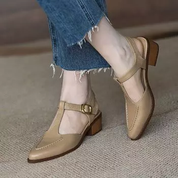 Сандалии на грубом каблуке, женские летние, мягкие, французский, средний каблук, задняя часть, пустая сумка, головка, Т-образный ремень, повседневная женская обувь, водонепроницаемая, стол 35 коричневый