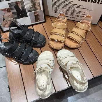 Сандалии на липучке женские летние новые модные повседневные сандалии на платформе с одним словом удобные спортивные сандалии на плоской подошве 36 чёрный