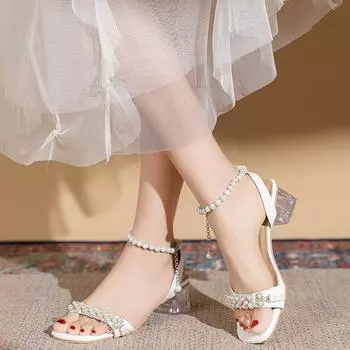 Сандалии на массивном каблуке, женские сандалии, новая летняя линия с жемчугом, модные сандалии, женская обувь 36