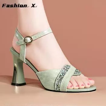 Сандалии на массивном высоком каблуке с открытым носком, сандалии на одной линии с пряжкой, с узором «крокодил», украшенные блестками, женские босоножки на высоком каблуке 36 светло-зеленый