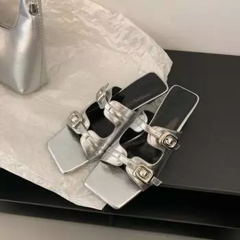 Сандалии на низком каблуке с квадратной головкой, женские летние новые римские сандалии, шлепанцы с открытым носком и металлической пряжкой, каблуки 35 чёрный