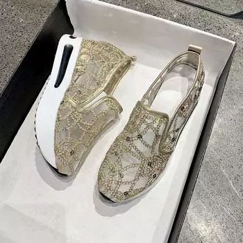 Сандалии на платформе, блестящие сетчатые сандалии, новая летняя обувь, женские модные сандалии без шнуровки, женские лаконичные кроссовки на платформе, женские кроссовки 35 золотой