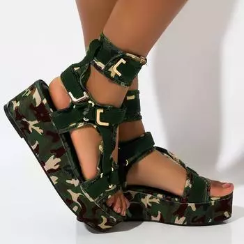 Сандалии на платформе для женщин, пляжная обувь с открытым носком и ремешком на щиколотке, камуфляжная обувь на плоской подошве 39 зелёный