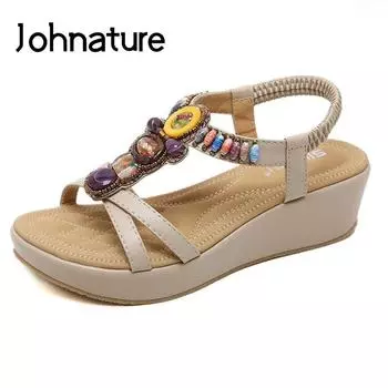 Сандалии на платформе, повседневная женская обувь на танкетке с эластичной лентой, однотонная женская обувь в этническом стиле с ремешком на спине и кристаллами 39 чёрный