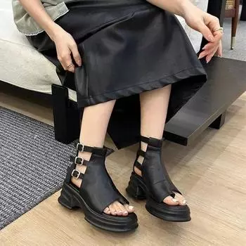 Сандалии на платформе с высоким берцем, женские, ретро, с открытым носком, с пряжкой на ремне, с полой подошвой, толстой подошвой, с молнией сзади, в римском стиле 35