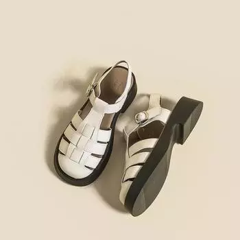 Сандалии на платформе в римском стиле, женские, лето 2025, новые французские ретро-сандалии Baotou с плетеной полой свиной клеткой на толстом каблуке 35 бежевый