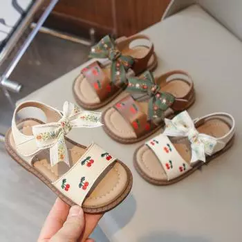 Сандалии на плоской подошве для девочек, украшенные бантом, Нескользящая Нескользящая обувь с мягкой подошвой и вышивкой вишни, на липучке из искусственной кожи, с открытым носком, модная детская обувь 22 бежевый