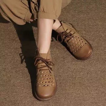 Сандалии на плоской подошве из натуральной кожи Johnature, дышащие летние ботинки с отверстиями, универсальная женская обувь в стиле ретро 35 кофейный