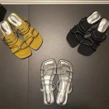 Сандалии на плоской подошве, летние, новые, квадратные, с мягкой подошвой, пляжные тапочки Temperament 35 серебряный