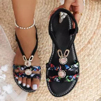 Сандалии на плоской подошве с круглым носком, размером 36-43, с небольшими душистыми плетеными ремешками, модные и повседневные пляжные сандалии на мягкой подошве 36 чёрный