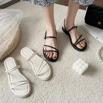 Сандалии на плоской подошве с мягким дном и одним ремешком в стиле римских туфель 35 бежевый