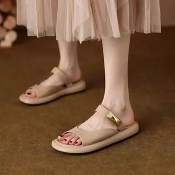 Сандалии на плоской подошве с открытым носком Французские сандалии на платформе из мягкой кожи 35 хаки