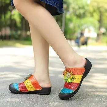 Сандалии на плоской подошве с открытым носком, удобная дышащая женская обувь ручной работы из натуральной кожи на мягкой подошве в стиле ретро 36 разноцветный