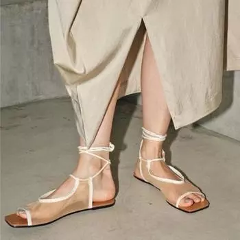 Сандалии на плоской подошве с открытым носком и квадратным носком, с дышащей сеткой, на шнуровке, для женщин, летняя обувь, сандалии с ремешком на щиколотке 35 бежевый