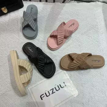 Сандалии на плоской подошве с перекрестными ремешками, женская летняя одежда, новая мода, повседневные домашние, удобные пляжные тапочки 36 бежевый