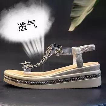 Сандалии на плоской подошве со стразами для женской уличной обуви 2025 новая женская обувь летние универсальные увеличивающие рост сандалии на толстой подошве женские пляжные сандалии 35