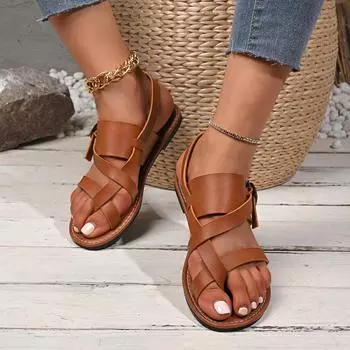 Сандалии на плоской подошве женские летние 2024 года с круглым носком и пряжкой-ремешком, модные женские туфли большого размера 36 коричневый