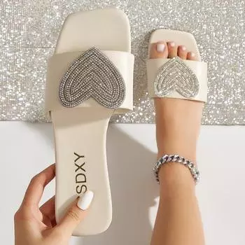 Сандалии на плоской подошве, женские тапочки со стразами, женские тапочки, женская обувь с квадратным носком, туфли-лодочки, черные, коричневые, белые летние тапочки, большие размеры 41, 42 35 чёрный