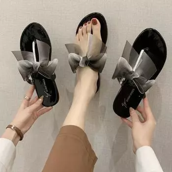 Сандалии на пляже, плоские шлепанцы, летние черные женские тапочки с бантом, обувь для женщин 2024 года, новый стиль, Корея, маленький размер, ПВХ 36