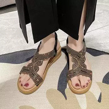 Сандалии на покатом каблуке, женская сезонная мода, стразы, рыбий рот, римский стиль, женская обувь 35 чёрный