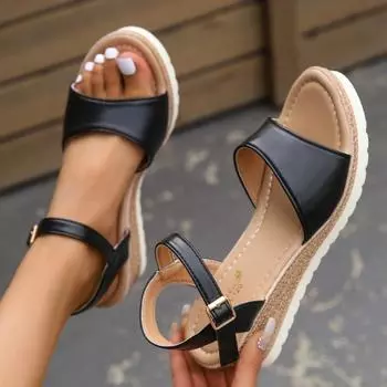 Сандалии на покатом каблуке женские с пряжкой модные сандалии с толстой подошвой 36 чёрный