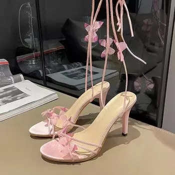 Сандалии на розовом каблуке для женщин 2024 года с украшением в виде бабочки, женские туфли на высоком каблуке для женской обуви, туфли на каблуке с круглым носком, походные сандалии, платья 35 розовый