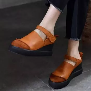 Сандалии на танкетке Johnature на толстой подошве в стиле ретро, дышащие тапочки из натуральной кожи, универсальная женская обувь