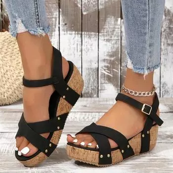 Сандалии на танкетке, модные женские туфли на открытом каблуке с римской пряжкой, летние трендовые черные туфли для отдыха на легкой резиновой подошве 36