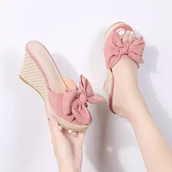 Сандалии на танкетке с бантом, летняя женская обувь, тапочки, пляжная обувь на платформе с открытым носком, шлепанцы 36 чёрный