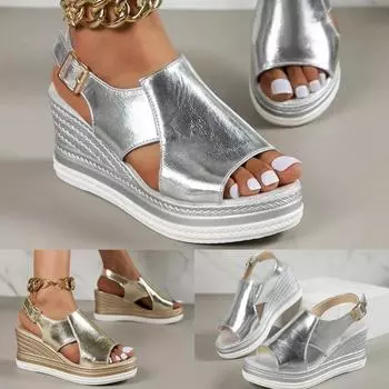Сандалии на танкетке с открытым носком, женские летние сандалии на платформе с ремешком сзади и пряжкой, женские модные сандалии на толстой подошве, римская обувь 37 золотой