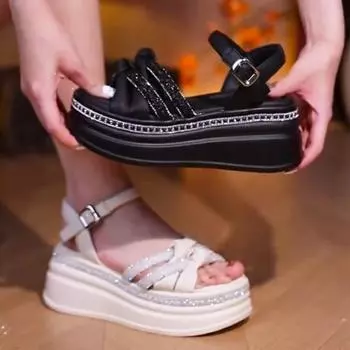 Сандалии на танкетке, увеличивающие рост, женские летние новые, на толстой подошве, кожаные кроссовки на платформе, сандалии со стразами женские 35 чёрный