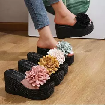 Сандалии на танкетке, женские шлепанцы, летняя пляжная обувь на платформе, тапочки с цветочным узором, женские шлепанцы на высоком каблуке, женская мода 36 бежевый
