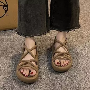 Сандалии на толстой подошве для женщин, лето 2024 года, эластичная тонкая лента, римские туфли с застежкой «рыбий рот», повседневные однотонные сандалии на плоской подошве, женские 35 бежевый