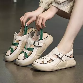 Сандалии на толстой подошве, повседневные кожаные белые туфли 35 зелёный