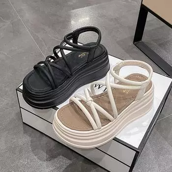 Сандалии на толстой подошве с крестообразным наклонным каблуком для женщин, лето 2024 г., новые повседневные и модные пляжные сандалии с эластичной посадкой 35 бежевый