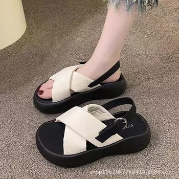 сандалии на толстой подошве с перекрещивающимися ремешками женские летние новые модные универсальные однословные пряжки усиливающие повседневные римские туфли 35