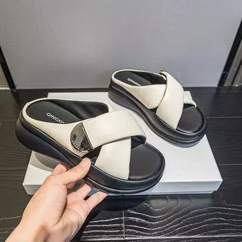 Сандалии на толстой подошве, тапочки, модная женская обувь 35 бежевый