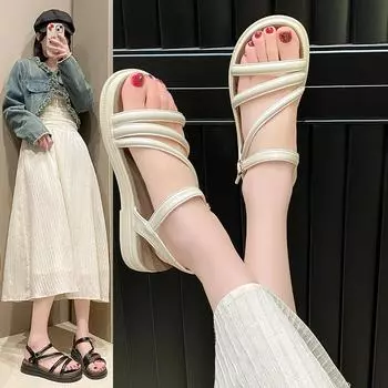 Сандалии на толстой подошве, женская летняя верхняя одежда, фея, одно слово, пряжка с юбкой, римская удобная пляжная обувь, модная женская летняя дышащая обувь 35
