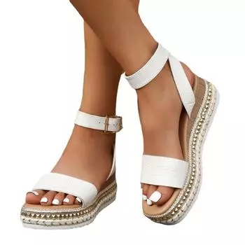 Сандалии на толстой подошве, женские босоножки с открытым носком, на наклонном каблуке, с ремешком из пеньковой веревки 36 белый