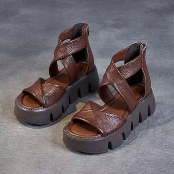 Сандалии на толстой подошве, женские летние новые винтажные кожаные туфли для маффинов с молнией сзади, римские туфли с открытым носком «рыбий рот» 40 хаки