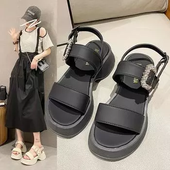 Сандалии на толстой подошве, женские летние туфли с квадратной пряжкой и стразами, открытый носок, маффин, повседневная обувь в римском стиле, пляжная обувь, женская 35 бежевый