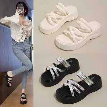 Сандалии на толстой подошве, женские летние туфли с открытым носком, одно слово, пляжные тапочки, женские модные летние дышащие туфли 35