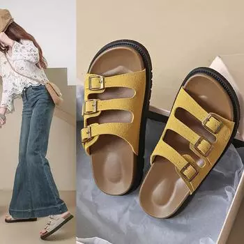 Сандалии на толстой подошве, женские наружные туфли, летняя ретро-обувь One Word Drag, пляжные повседневные сандалии на плоской подошве, модная женская летняя дышащая обувь 35