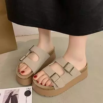 Сандалии на толстой подошве, женские уличные тапочки, летняя ретро-обувь с одним словом, маффин-ботфорты, увеличивающие рост, тапочки с пряжкой на поясе, женская модная обувь 35