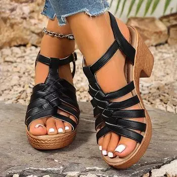 Сандалии на толстом каблуке с ажурным плетением для женщин 2025 года, римские сандалии с ремешком на щиколотке и платформой, женские легкие повседневные пляжные туфли 36 чёрный