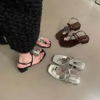 Сандалии на толстом каблуке с серебристым дизайном, французские туфли-феи, новинка лета 2024 года, римские сандалии 34 чёрный