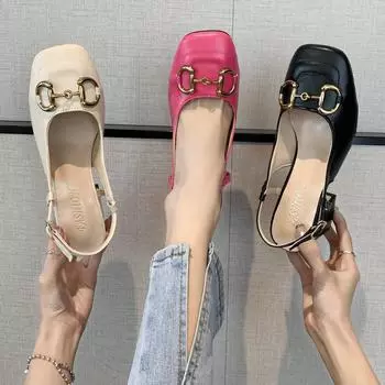 Сандалии на толстом каблуке, женские летние модные новые повседневные сандалии на высоком каблуке с квадратным носком и пряжкой 35 чёрный